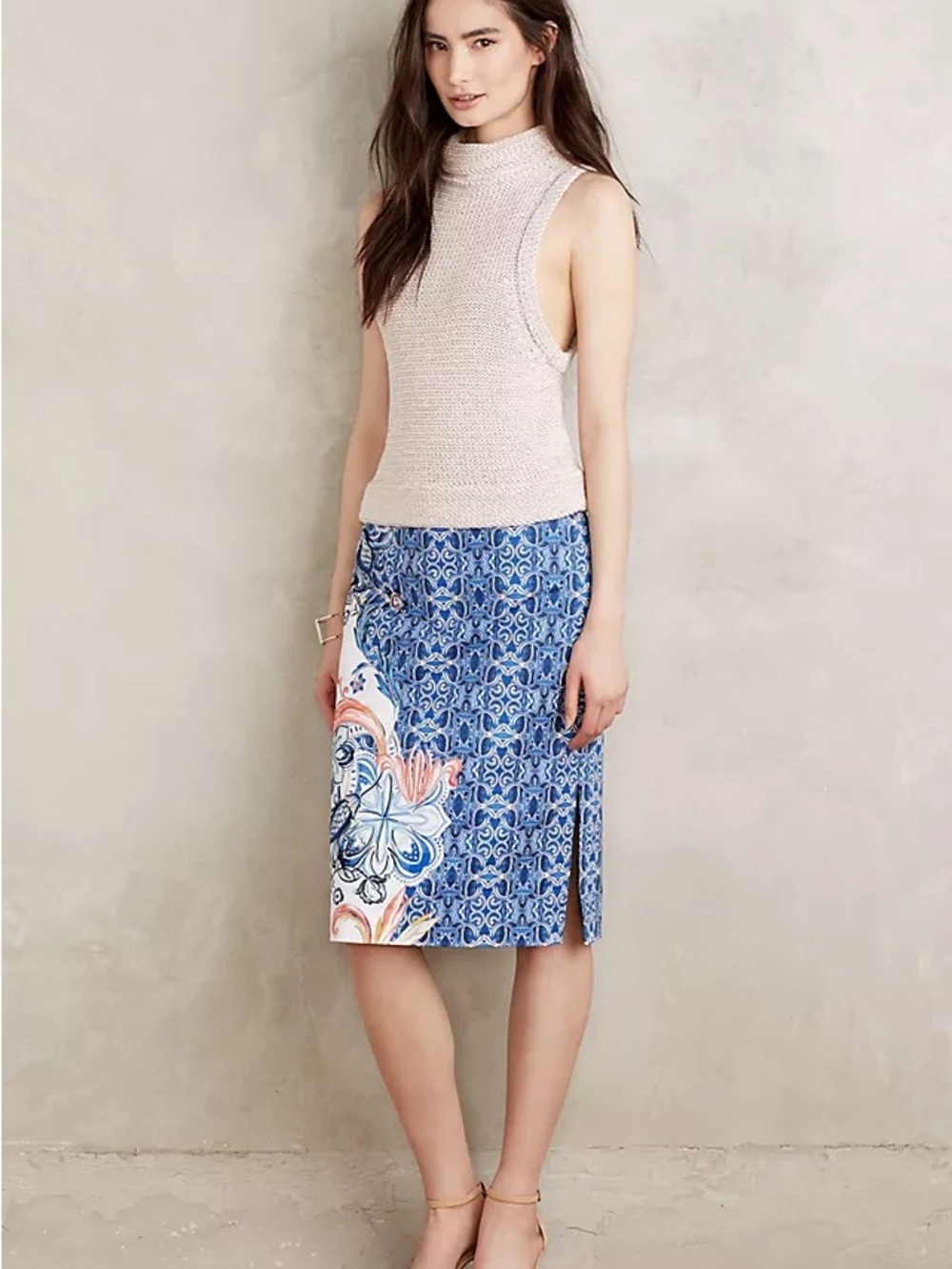 Moulinette Soeurs Blue Becancour Pencil Skirt with Floral Accent Size 8